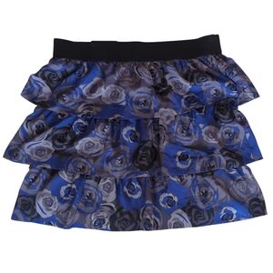 Banana Republic Floral Tiered Ruffle Lined Mini Skirt 10 Black Blue Pattern
